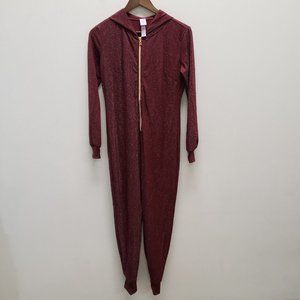 Savage Fenty Womens Sparkle Jumpsuit Size S Maroon Hooded Lounge Zip Metallic